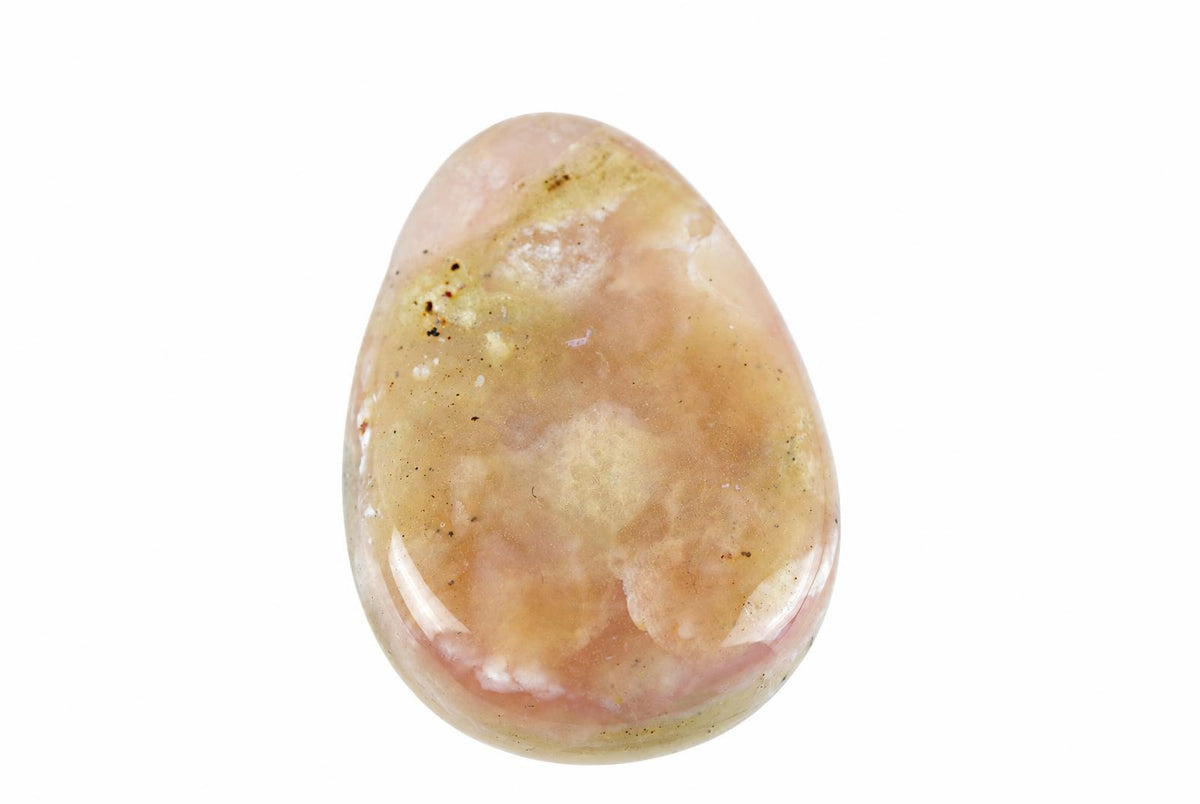 A polished teardrop-shaped stone with pink, yellow and white swirls on a plain white background.