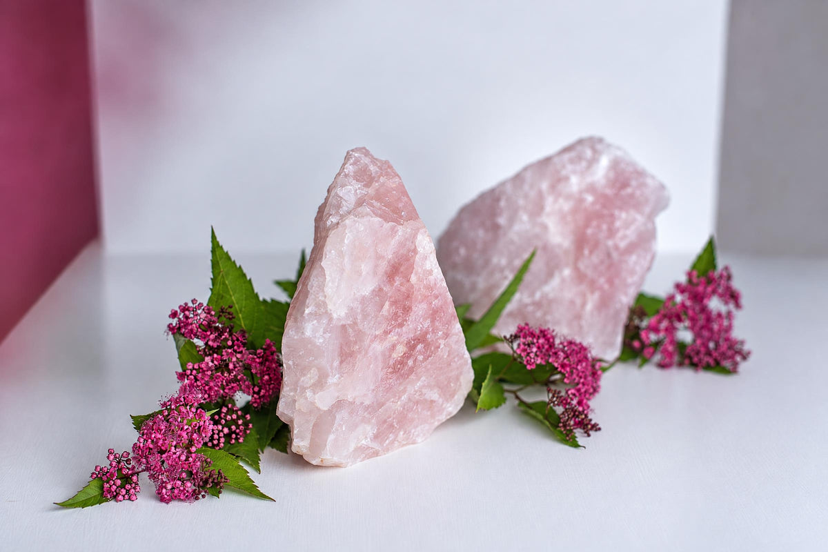 Two pink rose quartz crystals on a white surface with green leaves and small pink flowers.