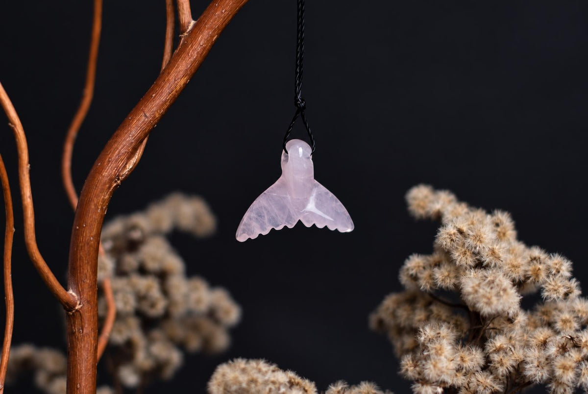 A pale pink carved pendant shaped like a dolphin tail hangs from a black cord against a dark background with dried branches.