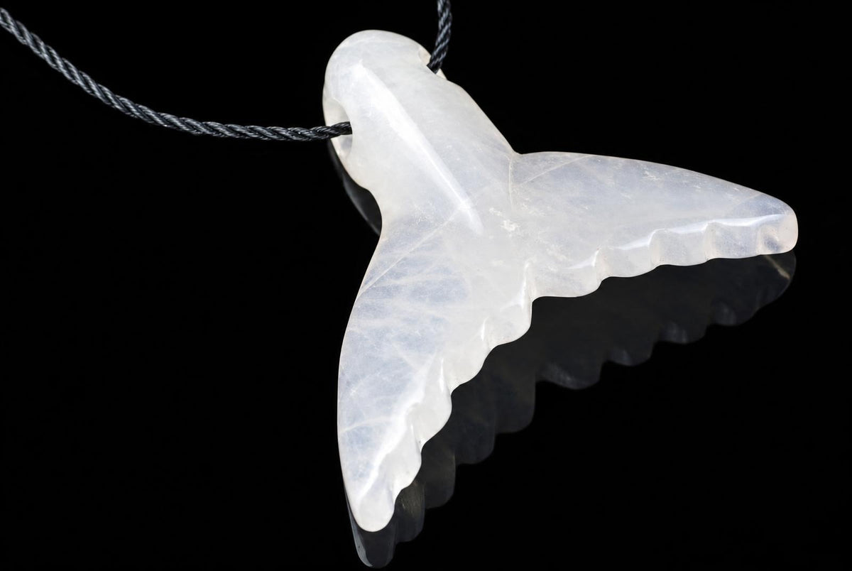 A translucent white pendant shaped like a dolphin tail hangs from a dark cord against a black background.