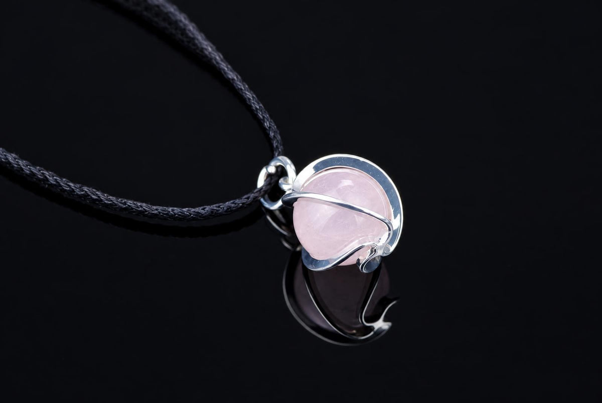 A silver-toned pendant with a pink, round stone on a dark cord rests on a black reflective surface.