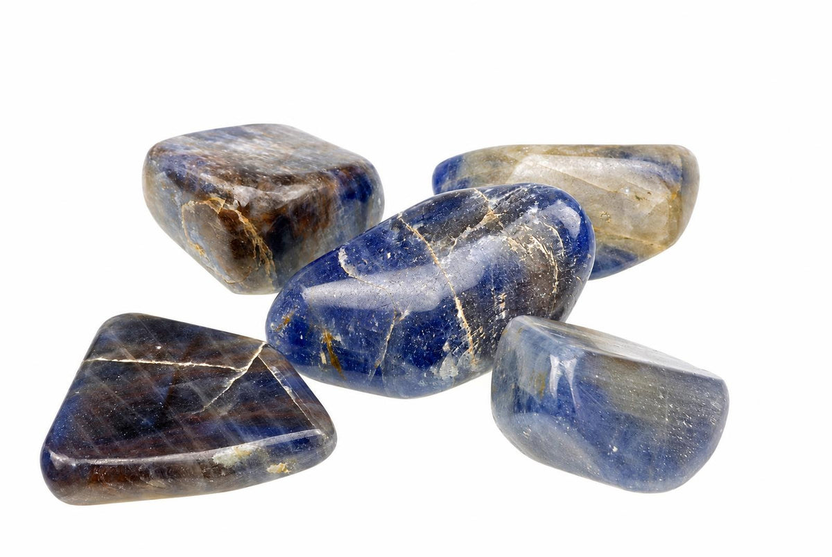 Five polished stones with deep blue, brown and grey tones on a white background.