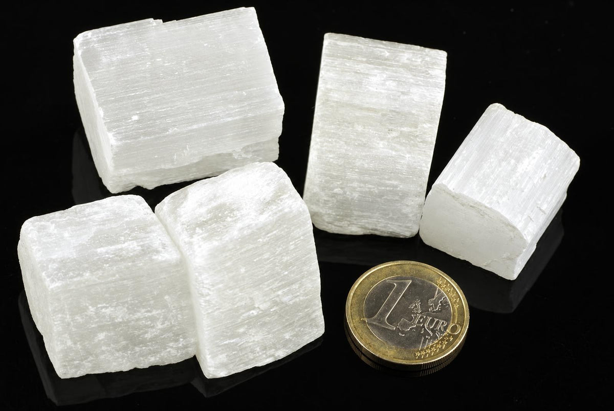 Five white selenite cubes with visible striations on a dark surface, next to a one-euro coin for scale.