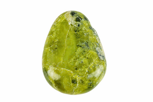 A polished, teardrop-shaped stone with green and dark inclusions on a white background.