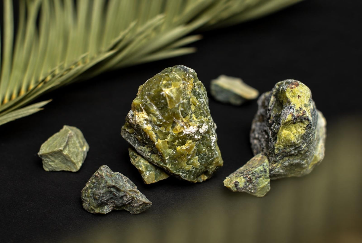 Several pieces of green serpentine mineral with yellow and dark patches rest on a dark surface near a palm leaf.