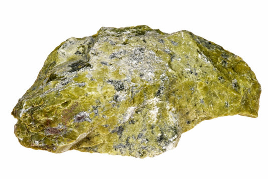 A raw, irregular green rock with white and dark speckles on a plain white background.