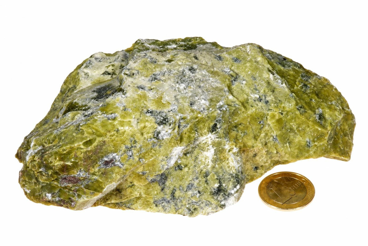 A rough yellow-green rock with pale and dark patches is displayed beside a coin on a white background.