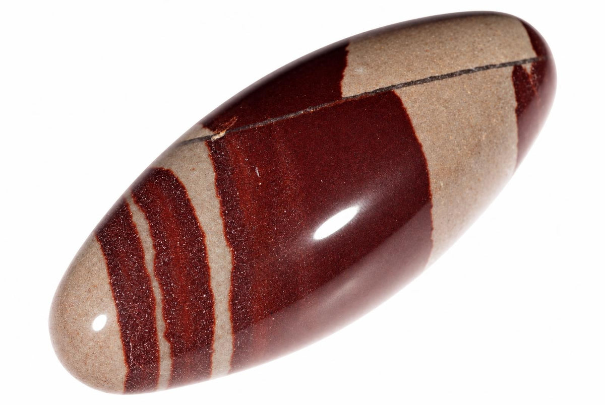 A polished, oval-shaped stone with dark red and beige bands on a white background.