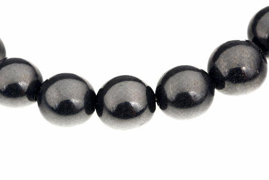 A row of round, dark grey beads with a metallic sheen on a white background.