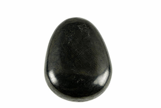A smooth, polished black stone pendant with a teardrop shape on a white background.