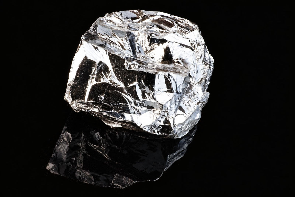 A large, rough silicon polycrystalline crystal with a jagged, faceted surface sits on a dark, reflective surface against a black background.