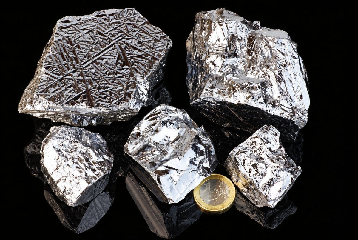 Several irregular silicon pieces show bright metallic-looking faces and sharply textured surfaces, arranged beside a coin against a reflective black background.