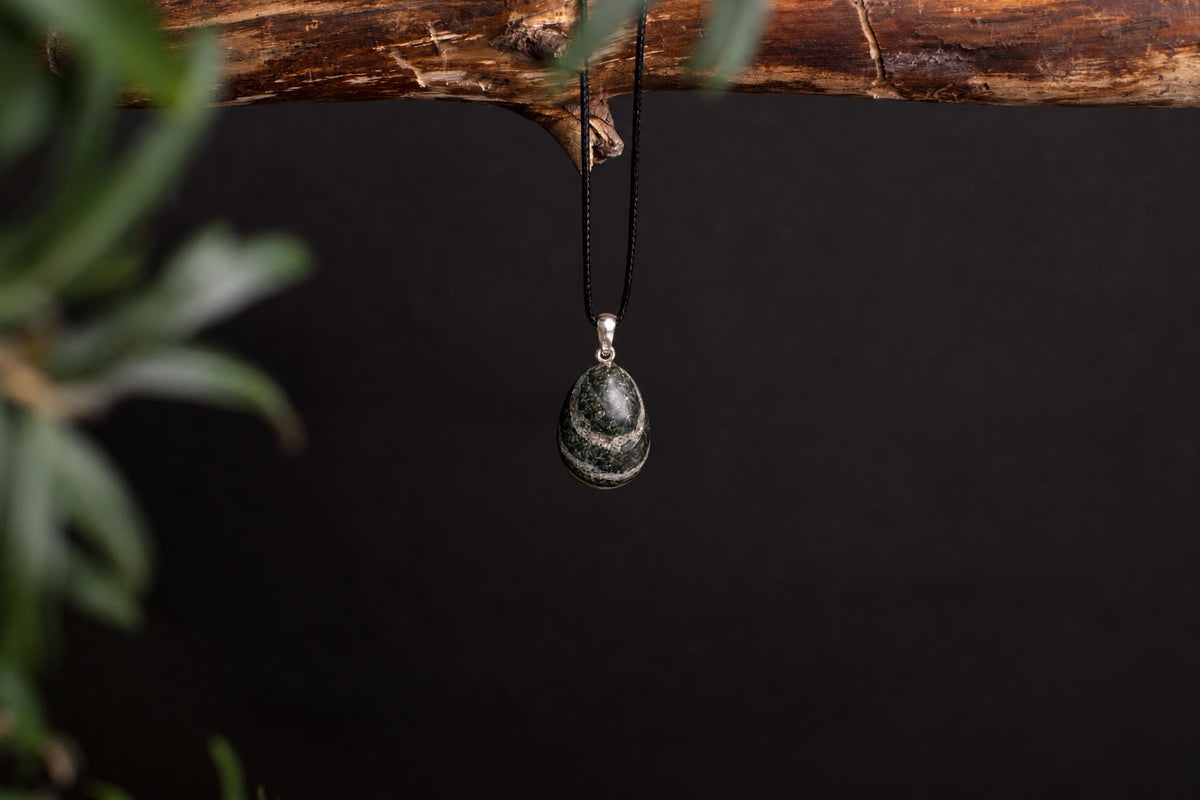 A teardrop-shaped pendant with a dark green, mottled stone hangs from a black cord on a wooden branch against a dark background.