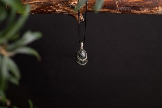 A teardrop-shaped pendant with a dark green, mottled stone hangs from a black cord on a wooden branch against a dark background.