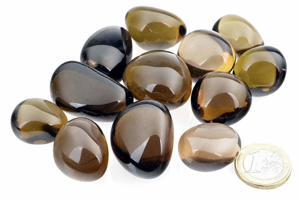 A group of polished, smooth stones in dark brown and black tones on a white surface with a one-euro coin for scale.