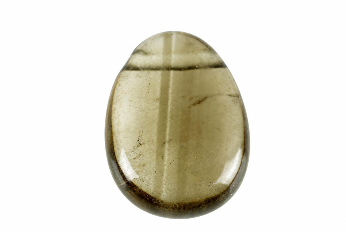 A polished, oval-shaped stone pendant with a pale yellowish-brown body and dark brown bands at the top and bottom edges.