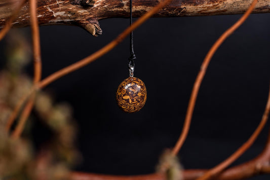 A polished oval stone pendant with intricate brown and tan patterns hangs from a black cord beneath a branch among dried stems.