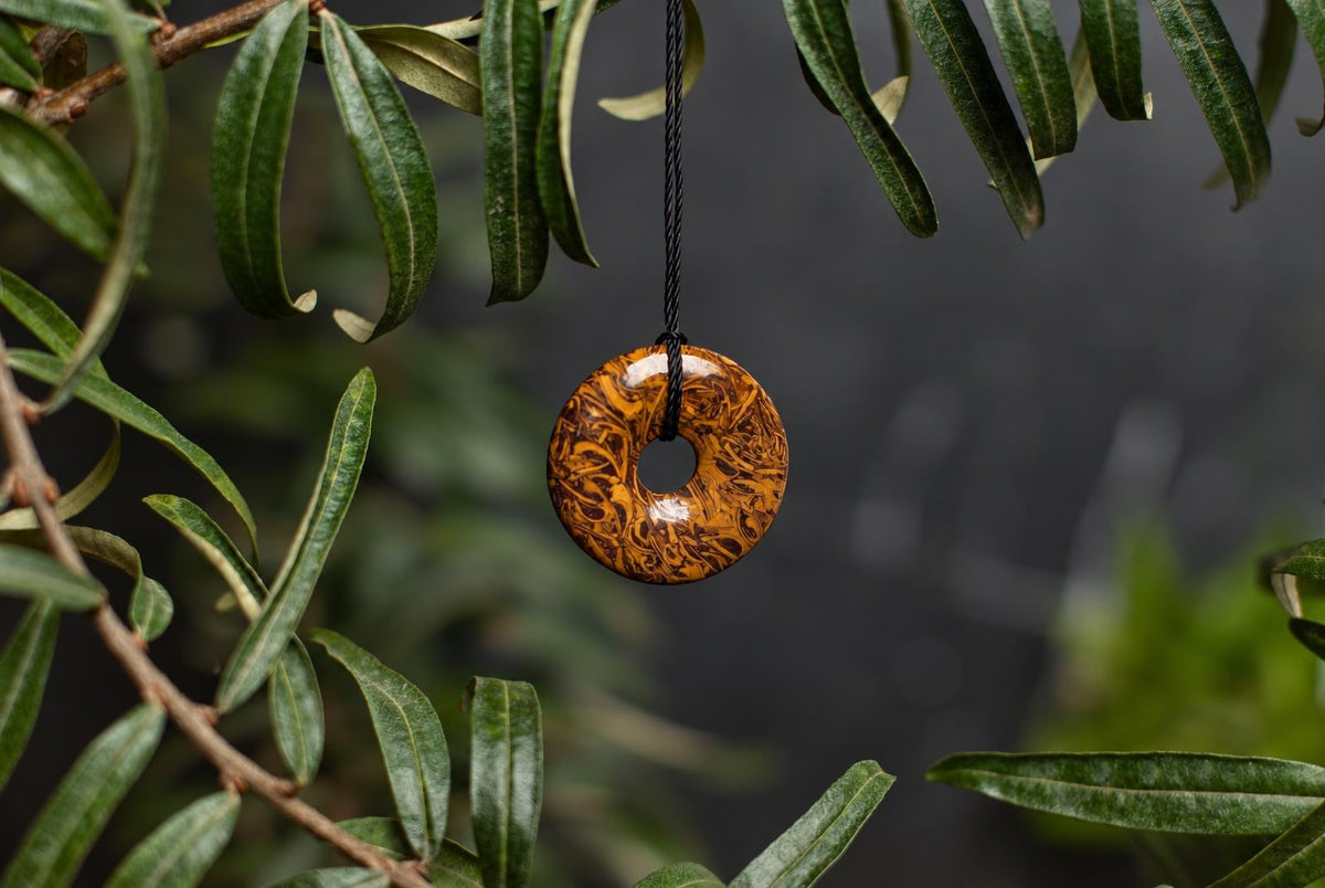 A circular brown stone pendant with a central hole and intricate dark patterns hangs from a black cord among narrow green leaves.