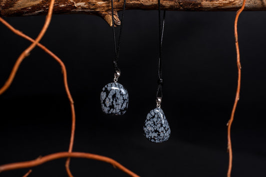 Two polished pendants with black and white speckled stones hang from black cords on a dark surface, framed by brown twigs.