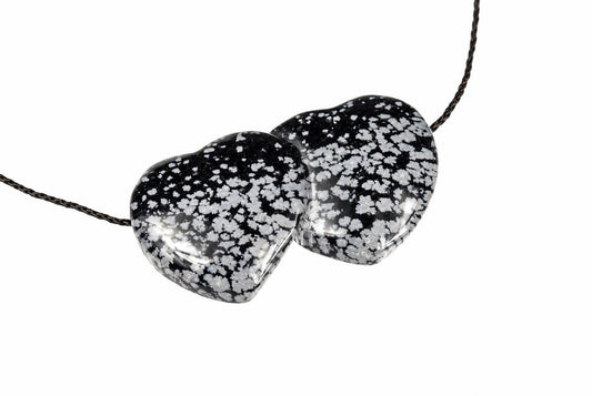 A pendant with two glossy, heart-shaped stones featuring white speckles on a black background, strung on a dark cord against a white surface.