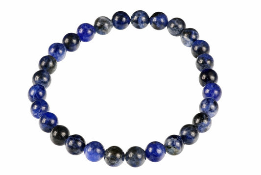 A bracelet of round beads in dark blue, black and grey tones on a white background.