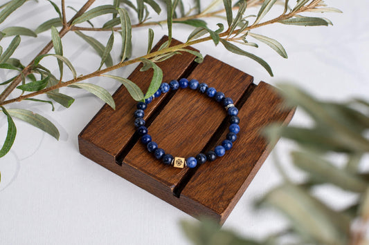 A bracelet of blue round beads with pale markings and a small square metal bead rests on wooden slats beneath green leaves.