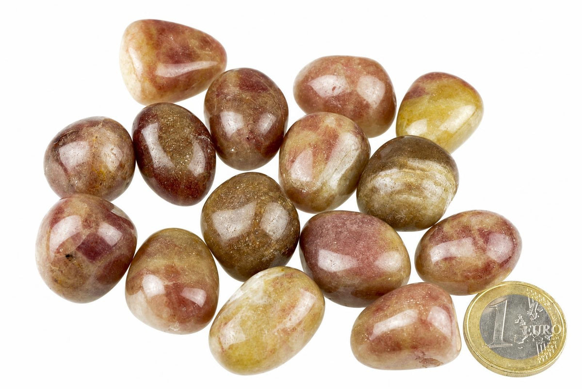 Twelve polished tumbled stones in shades of brown, pink and yellow on a white surface with a one euro coin for scale.