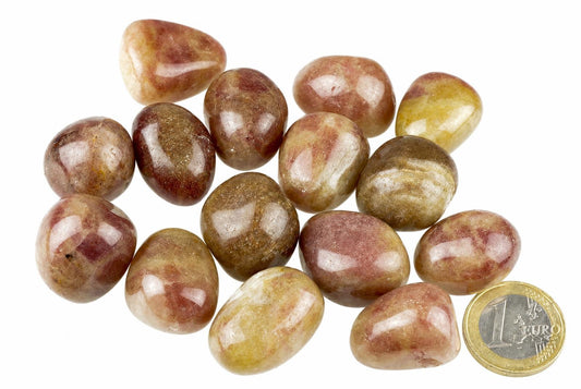 Twelve polished tumbled stones in shades of brown, pink and yellow on a white surface with a one euro coin for scale.