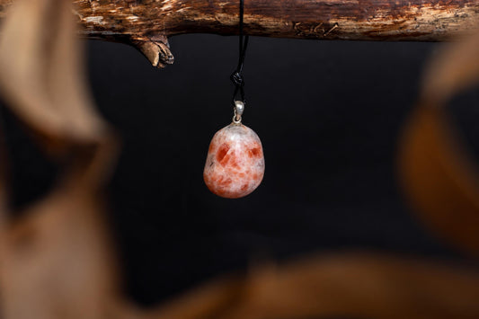 A polished, teardrop-shaped pendant with pink and white patterns hangs from a black cord on a dark wooden branch.