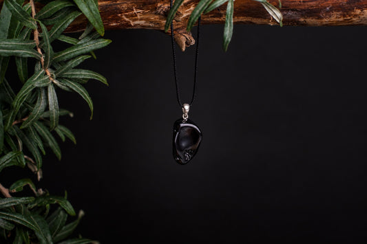 A black tektite pendant with a silver-toned bail hangs from a black cord against a dark background, framed by green leaves and a wooden branch.