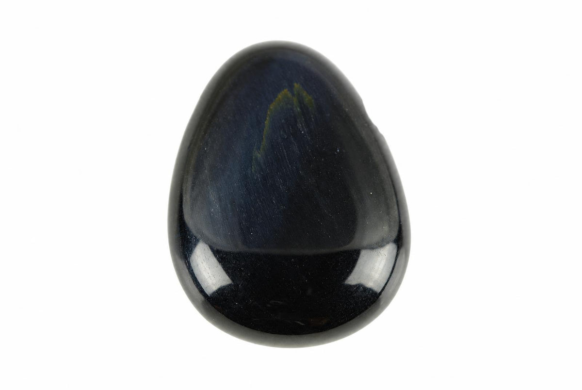 A polished, teardrop-shaped stone pendant with a dark blue surface and subtle golden-brown streaks against a white background.