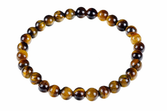 A bracelet of glossy round beads with golden-brown and dark bands forms a circle on a white background.