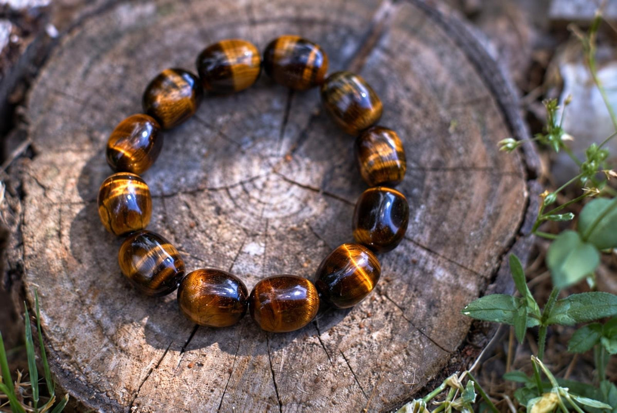 A bracelet of polished tiger eye beads with golden and dark brown stripes rests on a wooden stump outdoors.