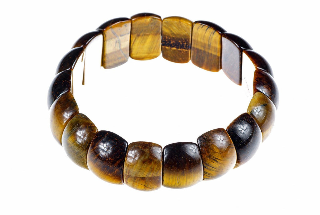 A bracelet with polished, rounded beads in dark brown and golden-brown tiger eye stone on a white background.