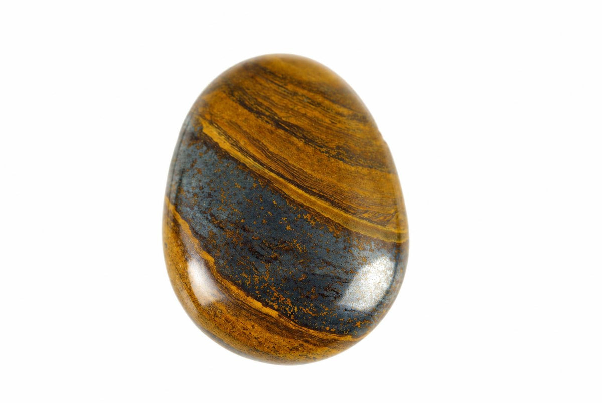A polished, oval-shaped stone with bands of golden brown and dark blue-grey on a white background.