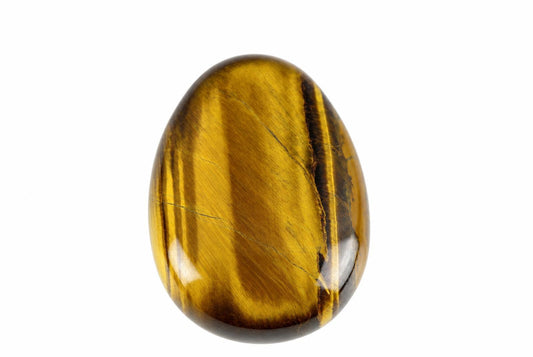 A polished, oval-shaped stone with golden yellow and dark brown stripes on a white background.