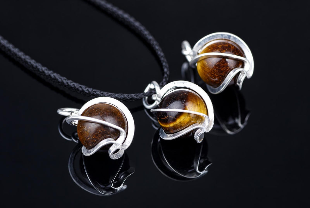 Three tiger eye sphere pendants with silver-toned wire settings on a dark surface.