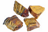 Four raw tiger eye mineral specimens with golden brown and black banding on a white background.