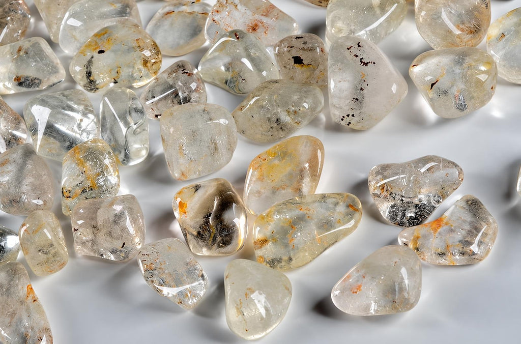 A pile of polished, translucent Topaz stones with brown and black inclusions on a pale surface.