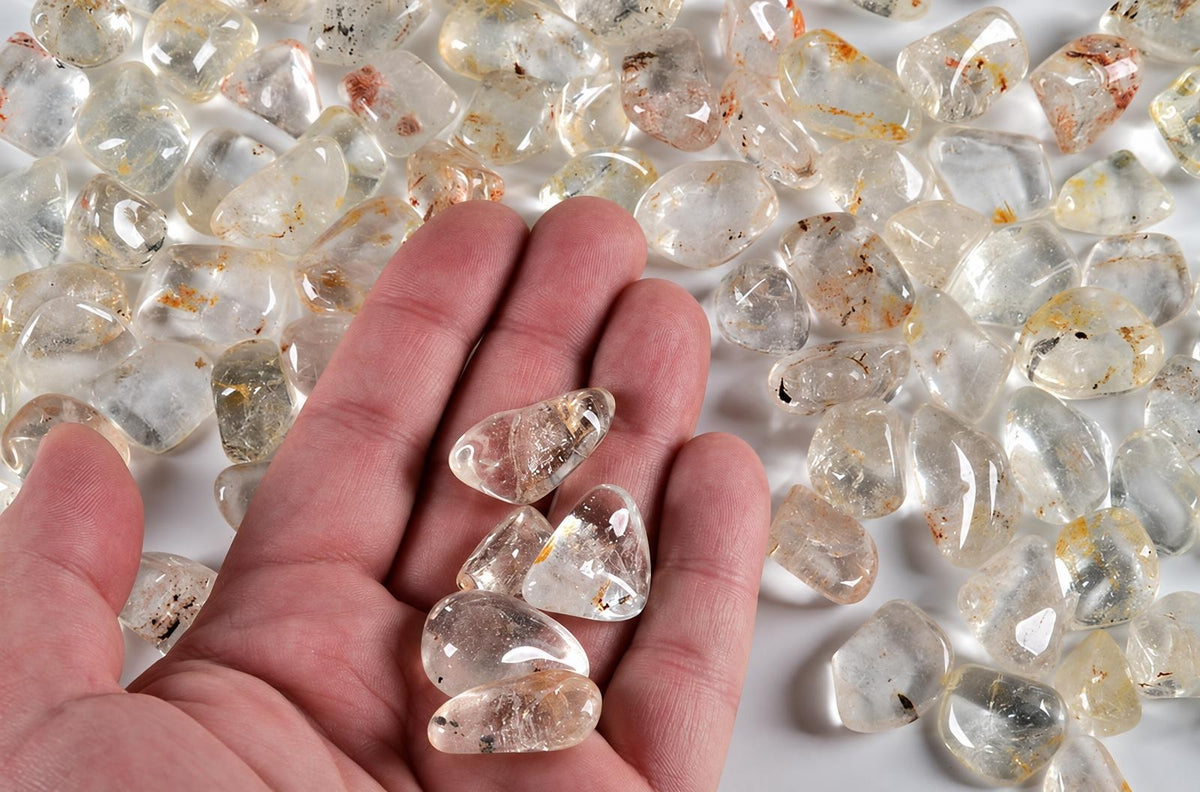 A hand holds several clear, teardrop-shaped stones with brown and black inclusions over a white surface scattered with similar loose stones.