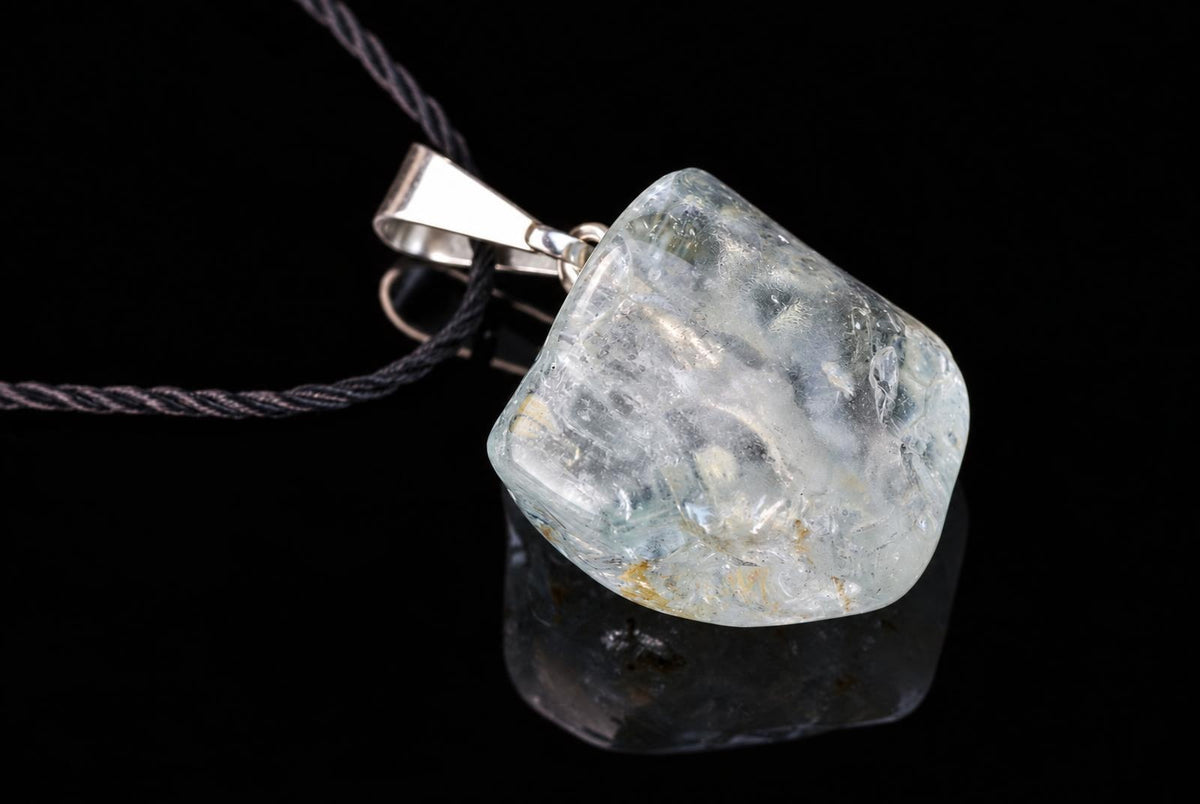 A silver-toned pendant with a clear, pale blue stone on a dark cord against a black background.