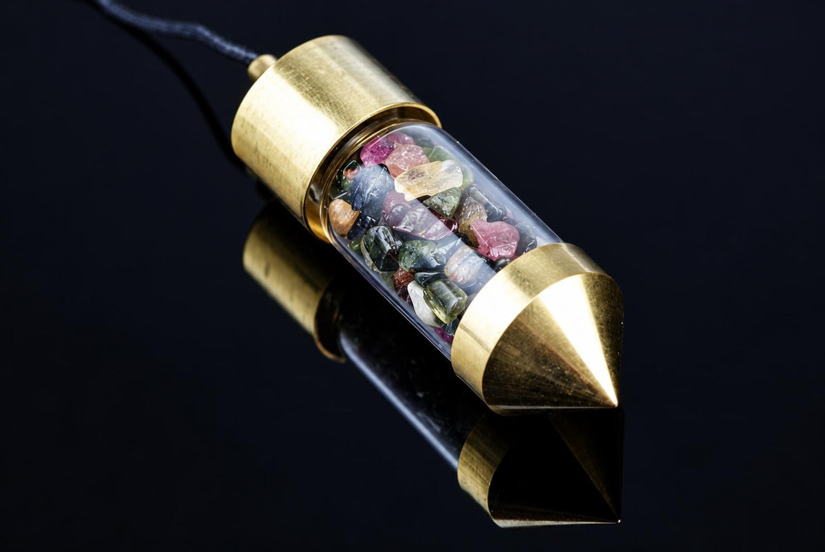 A brass pendulum with a clear tube filled with multi-coloured tourmaline stones, resting on a dark reflective surface.
