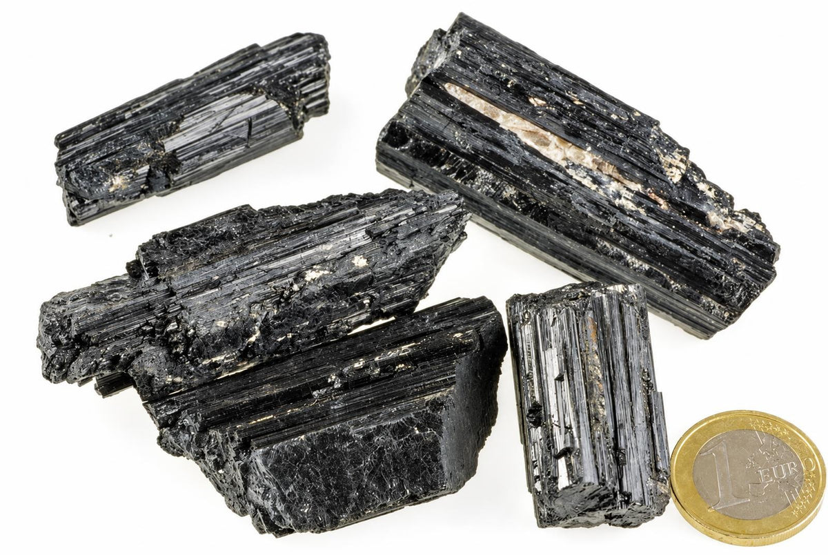 Several rough black tourmaline pieces show elongated ridges and broken edges, arranged beside a coin on a white background.