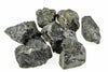 A pile of seven rough, dark grey to black mineral chunks with a metallic sheen on a white background.
