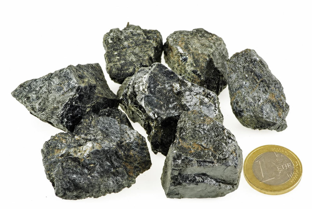 Several dark grey to black rough mineral pieces with a metallic sheen are arranged on a white surface next to a one euro coin.