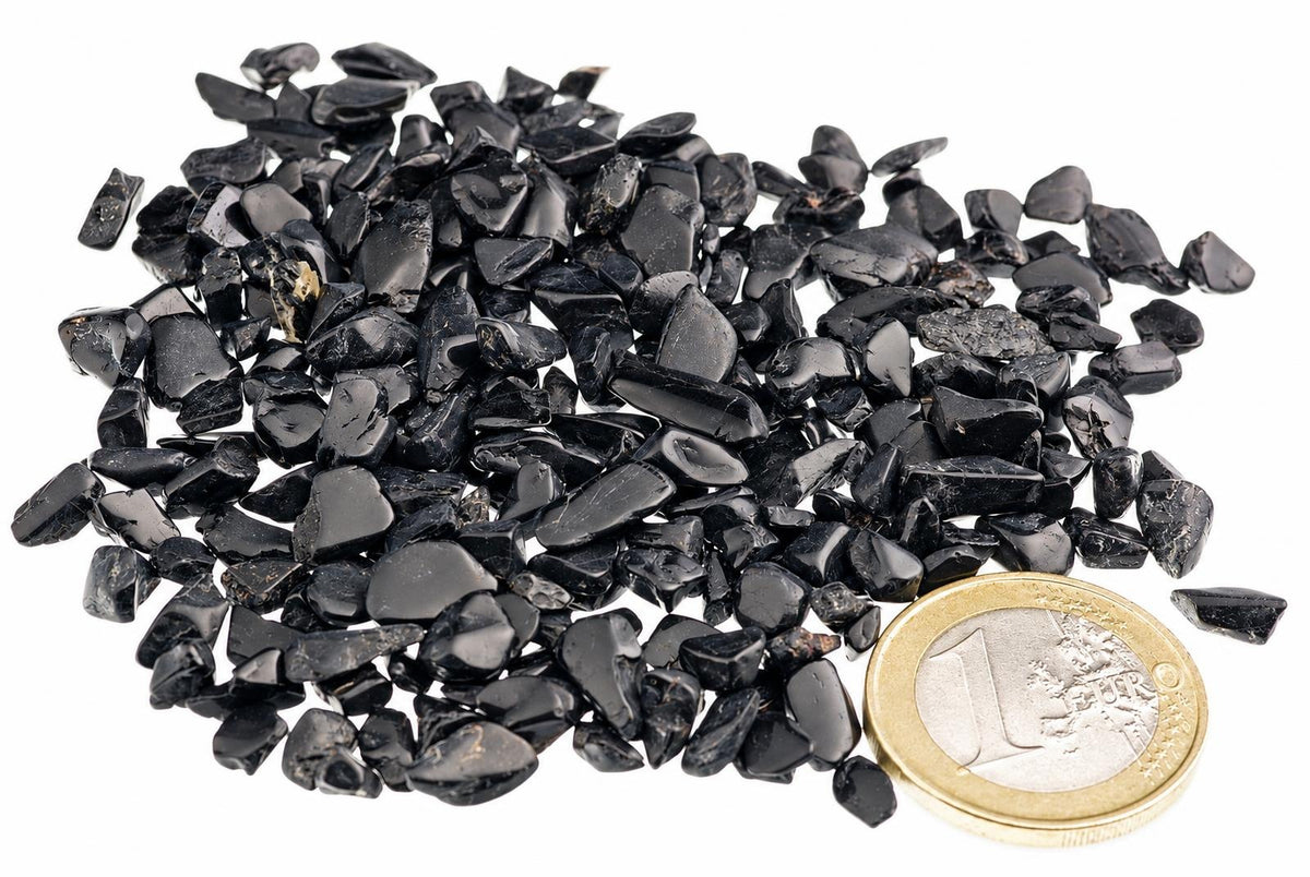 Small black tourmaline pieces with irregular shapes and glossy reflective surfaces form a scattered pile beside a coin against white.