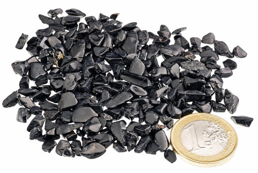 Small black tourmaline pieces with irregular shapes and glossy reflective surfaces form a scattered pile beside a coin against white.