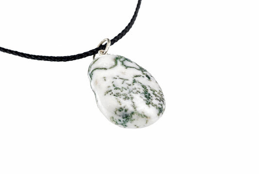 A white and green tree agate pendant on a black cord, set against a plain white background.