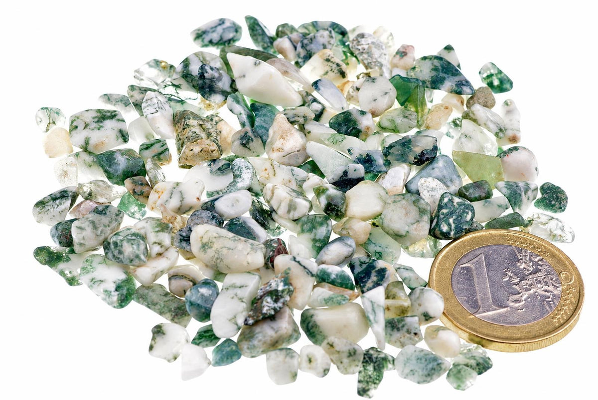 A pile of small, irregular tree agate stones with white and green patterns on a white surface next to a one euro coin.