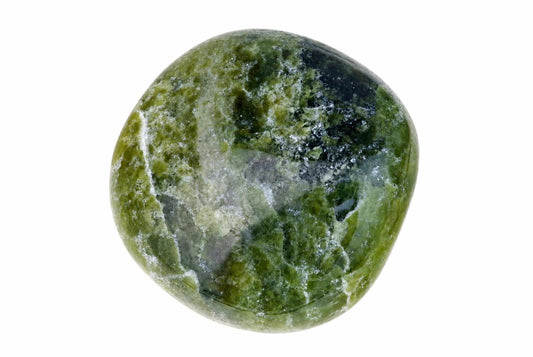 A polished, round stone with green, dark and white patterns on a plain white background.